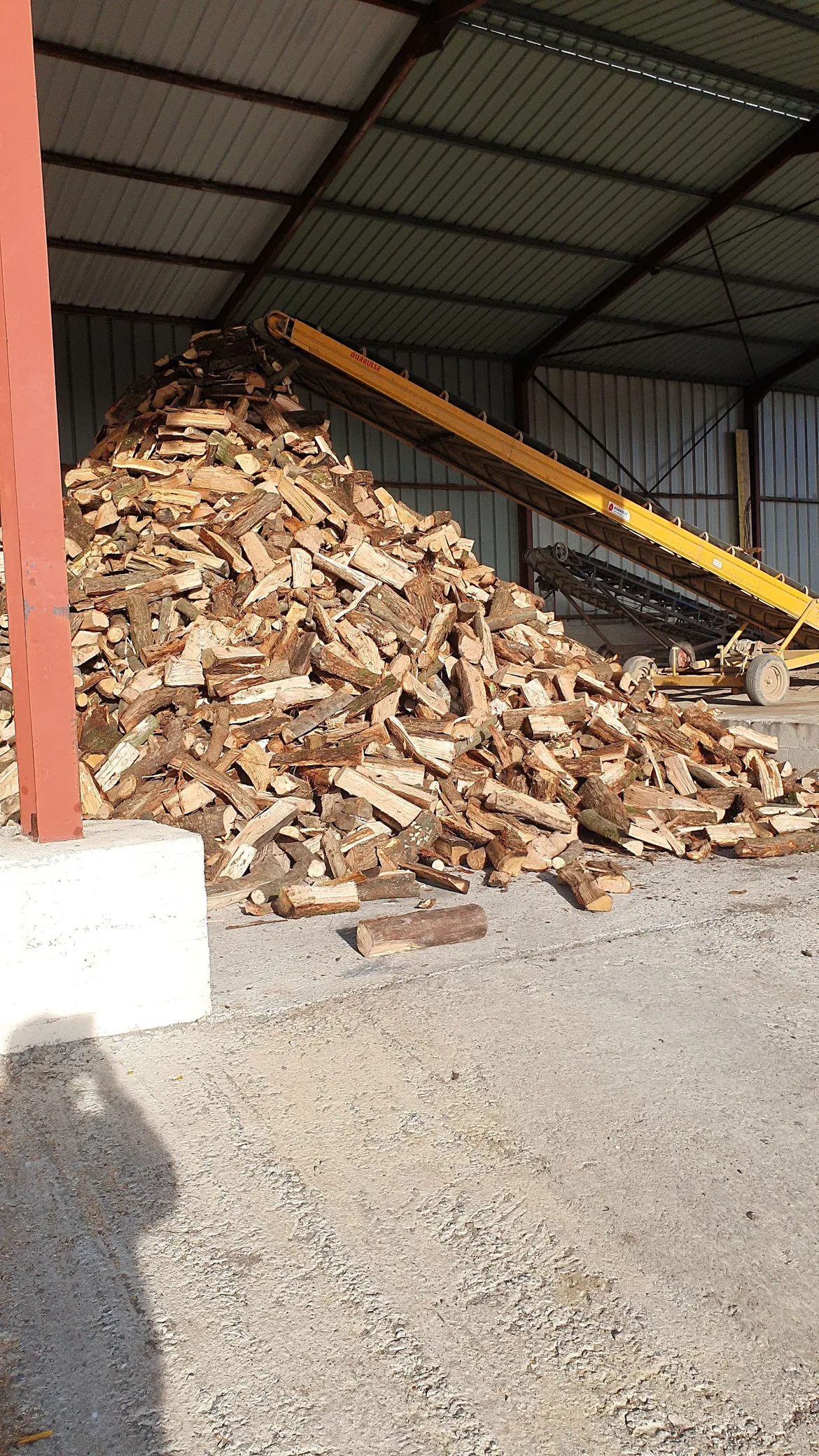The France Bois Service shed in Caudry, with log piles and a conveyor